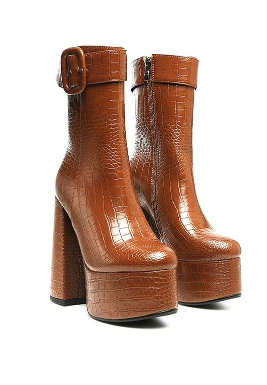 Croc High Block Heeled Chunky Ankle Boots