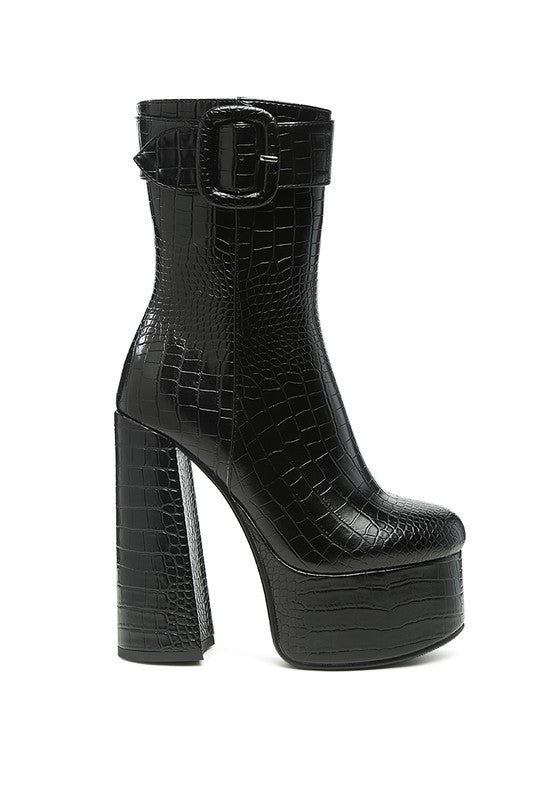 Croc High Block Heeled Chunky Ankle Boots