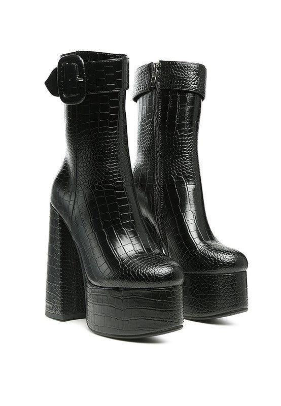 Croc High Block Heeled Chunky Ankle Boots