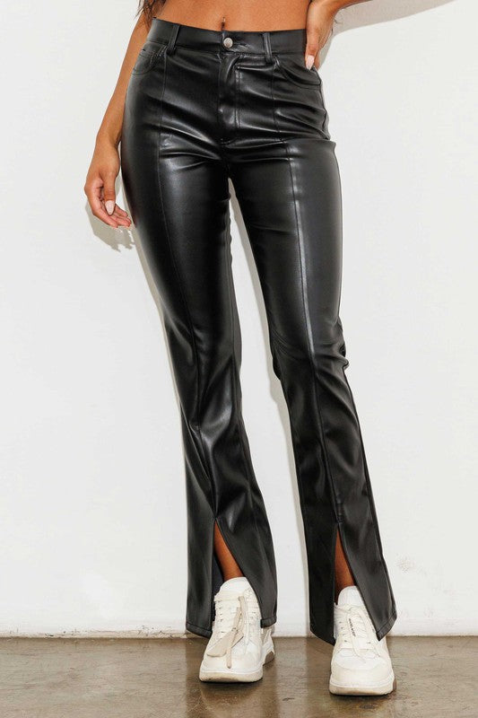 Black vegan leather front slit bootcut