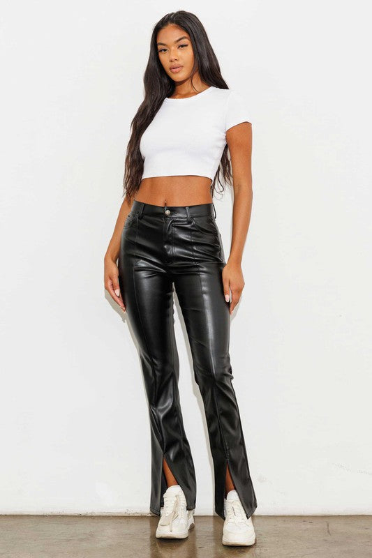 Black vegan leather front slit bootcut