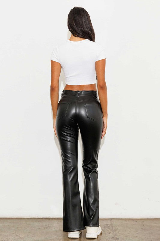 Black vegan leather front slit bootcut