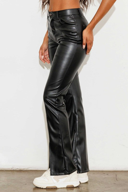 Black vegan leather front slit bootcut