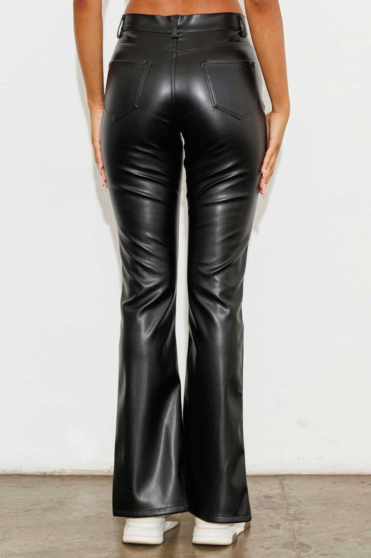 Black vegan leather front slit bootcut