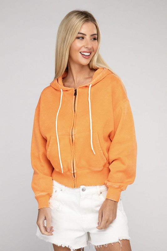 Acid Wash Fleece Cropped Zip-Up Hoodie