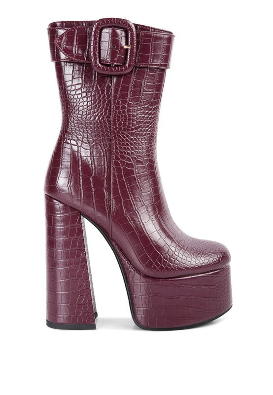 Croc High Block Heeled Chunky Ankle Boots