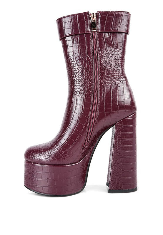 Croc High Block Heeled Chunky Ankle Boots