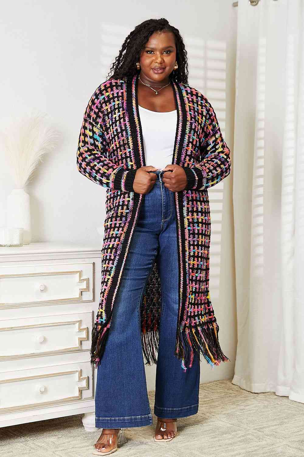 Double Take Multicolored Open Front Fringe Hem Cardigan