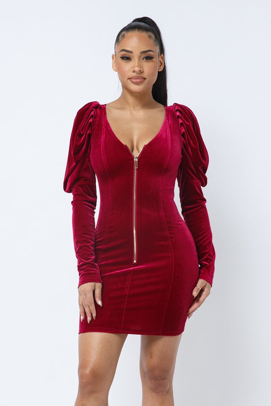 Soft red velvet puff mini dress