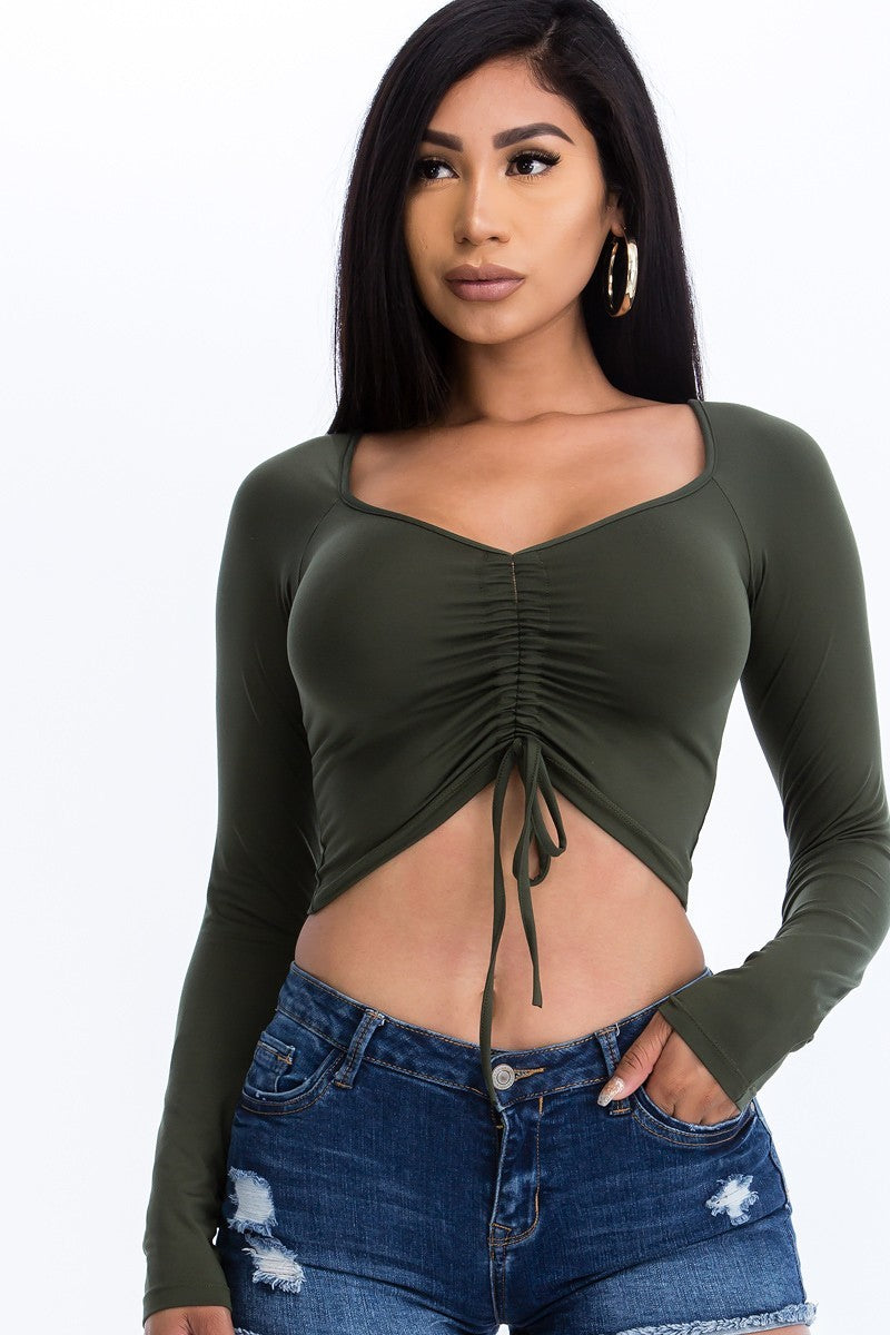 Ruched drawstring long sleeve crop top