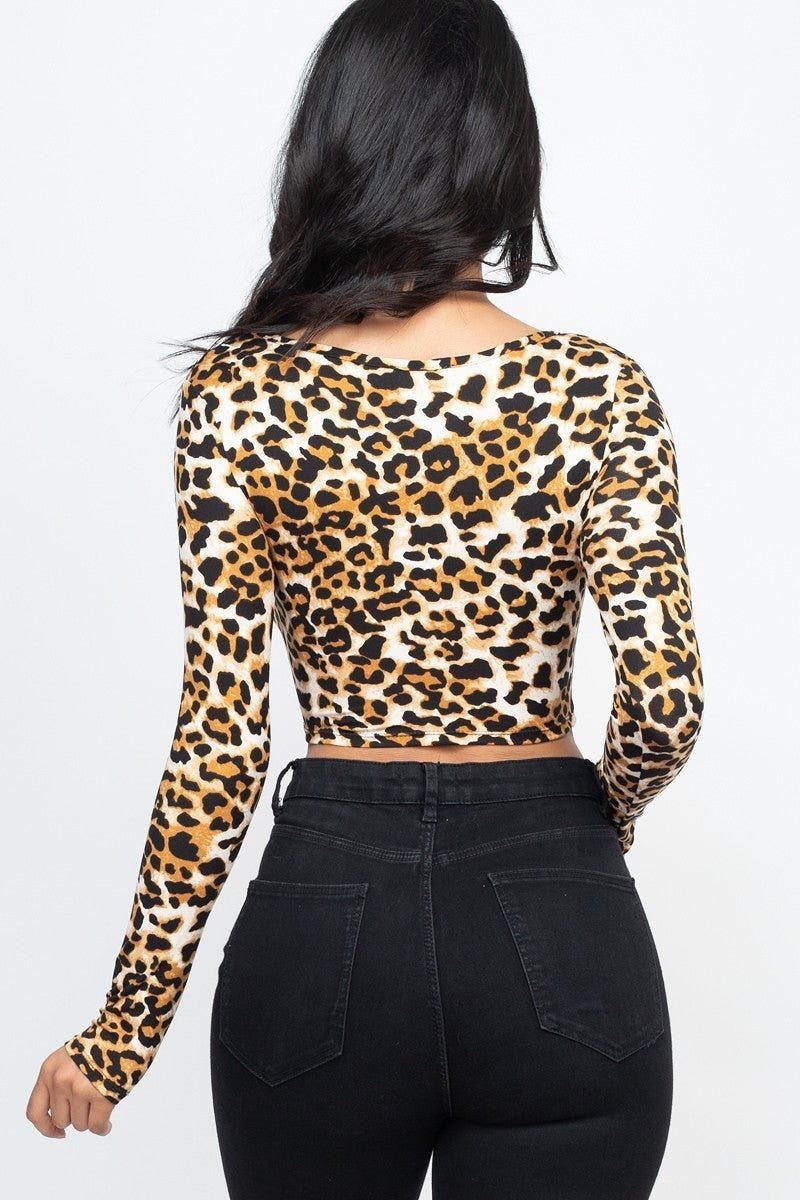 Leopard print strap ruched front crop top