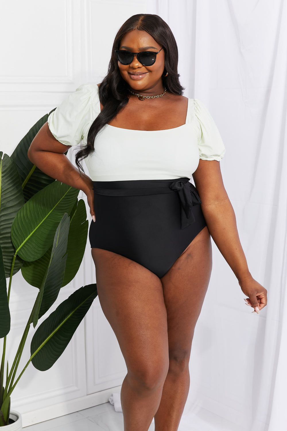 Sweetie puff sleeve one-piece in cream/black