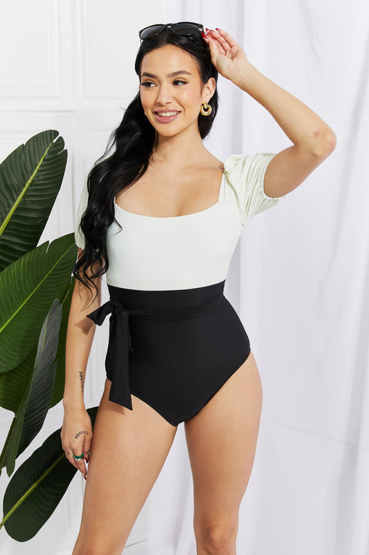 Sweetie puff sleeve one-piece in cream/black