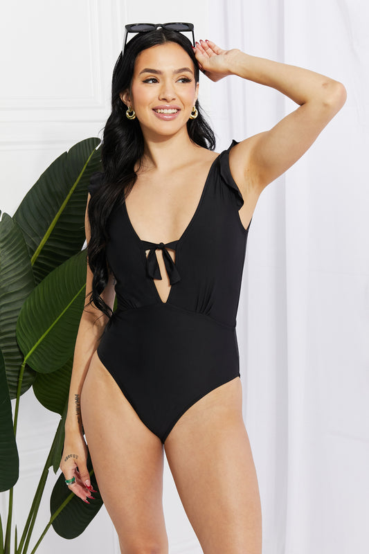 Marina Swim Seashell Ruffle Sleeve One-Piece in Black